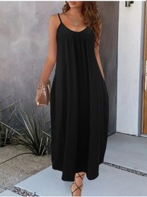 Resim Kadın Ip Askılı Geniş V Yakalı Cepli Viskon Elbise Siyah 