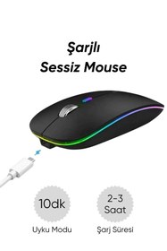 Resim Ekru Cep Kablosuz Wireless 2.4g Bluetooth Sessiz Mouse Şarj Edilebilir Rgb Renkli Ergonomik Tasarımlı 