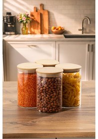 Resim Porsima 2-4 Bambu Borosilikat Vakumlu Kapaklı Yuvarlak Cam 4lü Kavanoz Seti Saklama Kabı 1300ml 10x20cm 