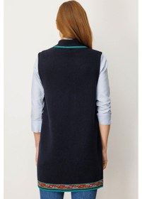 Resim Desen Triko Polo Yaka Etek Ucu Kilim Desenli Uzun Kadın Yün Yelek 25055 Lacivert 