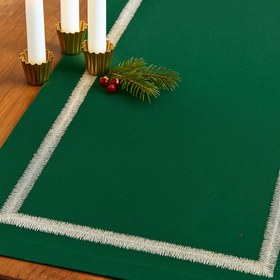 Resim Veloura Leke Tutmaz Nakışlı Keten Runner Yeşil 50x150 cm - 50x150 cm 