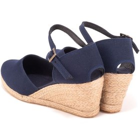 Resim Gerçek Elişi Bilekten Bantlı Topuğu Açık Keten Espadril Dolgu Topuk Handmade Lacivert 