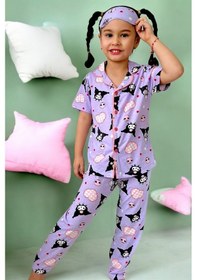 Resim Kız Çocuk Kedi Desenli Lila Mor Renk Kısa Kollu Pijama Takımı Lila 