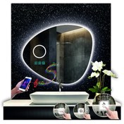 Resim GLOBAL LED MIRROR 80 Cm Çapında Bluetoothlu Buğu Çözücülü Dokunmatik Ledli Makyaj Aynalı Asimetrik Banyo Aynası 