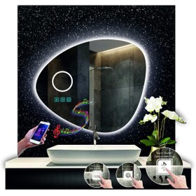 Resim DNR Mirror 80 Cm Çapında Bluetoothlu Buğu Çözücülü Dokunmatik Ledli Makyaj Aynalı Asimetrik Banyo Aynası 