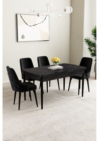 Resim Mabel Siyah Mermer Desen 80x132 Açılabilir Yemek Odası Takımı 4 Adet Sandalye Siyah 