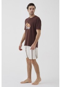 Resim Erkek Kısa Kollu Pamuklu Ayıcık Desenli Şortlu Pijama Takımı Ke30308 Ekru 