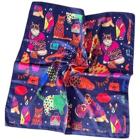 Resim Saten Bandana Saten Fular Saten Çanta Aksesuarı Özel Desen Bandana 45x50 Cm Bordo - Mavi 