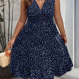 Resim Plus Beden, Plus Beden Kadınlar İçin Puantiyeli Bel Bağlamalı Kolsuz Elbise 