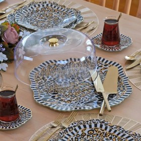 Resim Glore Leopard Altın Yaldızlı Cam Kek Fanusu 