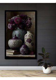Resim Bordo Çiçek Desenli Vazo Ve Kavanoz Ahşap Ev,antre,ofis,mutfak,Yatak Odası Tablo Çerçeve Görünümlü--- 30 X 40 