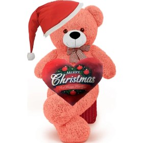 Resim Sole Yeni Yıla Özel : Elinde Baskılı Kalbi ve Noel Şapkalı 90 cm Papyonlu Peluş Ayıcık - Yeni Yıl Temalı 