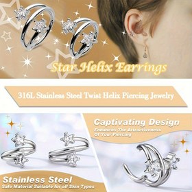 Resim 1 adet 316L Cerrahi Çelik Yıldız Spiral Kıkırdağı Küpeleri - Parlayan Yıldız Kristalleri ile 16 Kalibre Çift Hélix Delme Takısı, Kadınlar için Hipoalerjenik Paslanmaz Çelik Halkalar, Şık Günlük ve Hediye Takıları, Yıldız Küpeler 