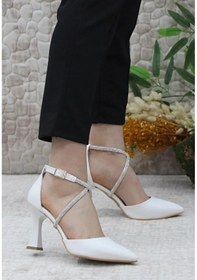 Resim Feles 18-444 Çapraz Şerit Taşlı Abiye Kadın Topuklu Ayakkabı Stiletto Beyaz 