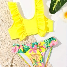 Resim [1 set Tropikal Çiçek Desenli Kız Çocuk Bikini Seti] 1 set Tropikal Çiçek Desenli Kız Çocuk Bikini Seti, V Yaka Rüsç Detaylı, Örme Polyester ve Spandex, Çocuklar İçin Esnek Mayo 