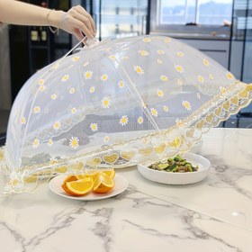 Resim 1 Adet Katlanabilir Papatya Desenli ve Kalp Dantelli Kenarlı PVC Gıda Güvenliği Böcek Önleyici Şemsiye Tıpa - Ev, Piknik, Parti için Hafif Yıkama Kolay Dekoratif Çiçek Desenli Masa Örtüsü 