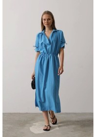 Resim Defymoda Beli Lastikli Elbise - Mavi Mavi 