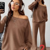Resim Kadınlar için iki parçalı set, bol kesim düz renkli asimetrik yaka uzun kollu sweatshirt ve flar pantolon ile sonbahar/kışlık kombin 