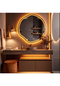 Resim Lys Amber Led'li Lazer Kumlamalı Lavabo & Banyo Aynası Dokunmatik Sensörlü 80 X 80 Turuncu 