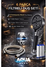 Resim 6 Parça Yüksek Basınçlı Filtreli Duş Başlığı Seti 6 Modlu, 3 Yedek Filtreli, Hortum Ve Duş Başlığı Tutucu Gri - Siyah 