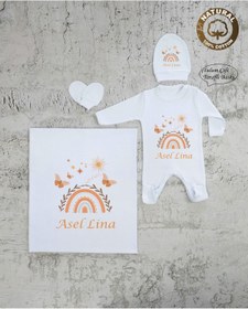 Resim yzc home size dair... K105 Bt Isme Özel Isimli Baskılı Bebek Battaniye Tulum Şapka Eldiven Set Hastane Çıkışı 