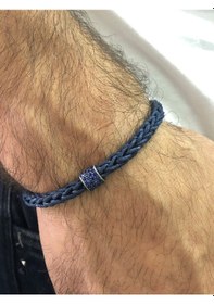 Resim Moda Kulesi Safir Taş Deri Örme Gümüş Erkek Bileklik 