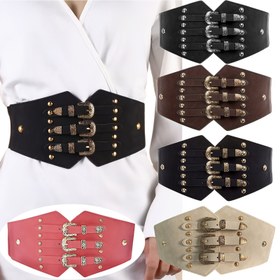 Resim Altın Toka Detaylı Ayarlanabilir Vintage Esintili Geniş Elastik Bel Kemeri - PU Malzeme, Günlük Geziler, Düğünler ve Partiler için İdeal, Parti Aksesuarı|Vintage Esintili Tasarım|PU Malzeme Kemer, Elbise Kemeri 