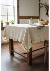 Resim Fırfırlı Krem Pamuklu Masa Örtüsü Şık Ve Zarif Tasarım Bej 