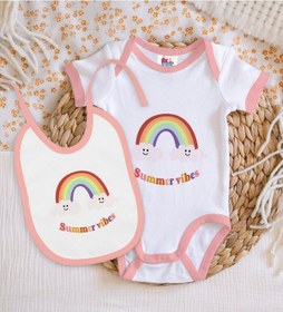 Resim Bk Kids Summer Vibes Tasarımlı Pembe Bebek Body Zıbın Ve Mama Önlüğü Hediye Seti-2 Çok Renkli 