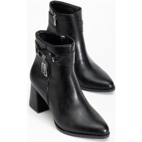 Resim Siyah Kadın Kalın Topuklu Bot Küpe Taşlı Suni Deri-4277 Siyah 