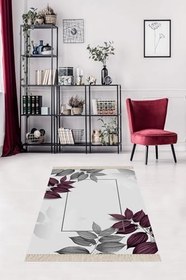 Resim On The Clouds Gri Zemin Yaprak Desenli Dijital Baskı Yıkanabilir Kaymaz Taban Salon Halı ve Yolluk MEG235MG, 130 x 180 