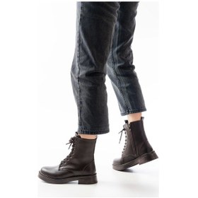 Resim Kahve Düz Topuklu Bağcıklı Fermuarlı Günlük Kadın Bot Kahve 