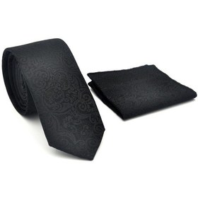 Resim Gaffy Şal Desenli Siyah Dokuma Kumaş Mendilli Slim Fit Kravat // Sdk-2506-1 Siyah 