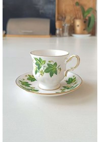 Resim Queen Anne Bone China Yaprak Desenli Duble Kahve Fincanı 2 Parça Yeşil2 