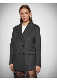 Resim Koton Melis Ağazat X Koton - Oversize Kruvaze Blazer Ceket Çizgili 3wak50052ew 3WAK50052EWCS5 Gri 