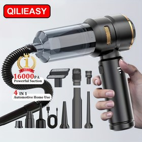 Resim 16000pa Siyah Kablosuz Araba Elektrikli Süpürge, 100W Fırçasız Yüksek Güç Toz Temizleyici, 2000mAh*3 Üç Hızlı Vakum Hortum Seti ile, Şişirilebilir Çift Kullanımlı Mini Araba Üfleyici 