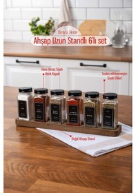 Resim Mienda Home 6'lı Cam Baharatlık Seti Siyah Kapaklı-etiketli Ahşap Standlı Baharatlık Seti-mh01syh06 Siyah - Şeffaf 