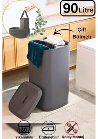 Resim Twindecor 2 Bölmeli Kirli Çamaşır Sepeti Yıkanabilir 90 Lt - Büyük Boy Katlanabilir Kirli Sepeti Gri 