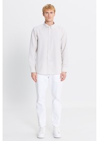 Resim Erkek Bej Tailored Slim Fit Dar Kesim Düğmeli Yaka Gofre Desenli Gömlek Bej 