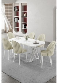 Resim Canisa Kaye Serisi Mdf 90x168 Beyaz Mutfak Masası Takımı 6 Krem Sandalye Beyaz Masa Sandalye Krem 