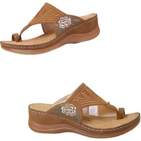 Resim Kadın Çiçek Desenli Retro Sandaletler Günlük Giyim İçin Rahat Bayan Sandalet Terlikleri Alışveriş Newway Kahverengi 