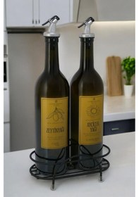 Resim Digithome Petra 2'li Siyah Metal Standlı Yağdanlık Seti Gold Etiketli Amber Yağlık 750 Ml Siyah 