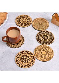 Resim Ahşap Mdf Lazer Kesim Kazıma 6 Lı Kahve Fincan Atlığı, Bardak Altlığı, Sunum Açık Kahverengi 