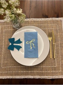 Resim Gold Yaldızlı Mavi Fiyonk Baskılı Garson Katlama Peçete 16 Adet 