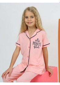 Resim Kız Çocuk Kısa Kollu %100 Pamuklu Düğmeli Pijama Takımı Princess Pembe 