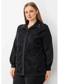 Resim Moda İlgi Kadın Büyük Beden Yaprak Desenli Boncuk Detaylı Takma Kol Gömlek 0052 Siyah Siyah 