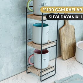 Resim Bino Sofra Mutfak Rafı Duvar Rafı Ahşap Doğal Lüks Metal Siyah 3 Katlı Raf 