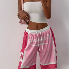 Resim Kadınların Vintage Esintili Pembe Şortları - Nefes Alabilen File Basketbol Şortları, Bağcıklı Bel, Rahat Yaz Stili, Rahat Giyim|Vintage Esintili Şortlar|Nefes Alabilen File Kumaş 