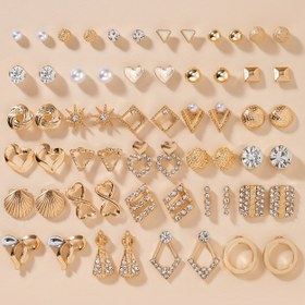 Resim 60 adet metal şık ve basit taş imitasyonu inci kalp şekilli sevimli küçük kabuk bağ geometrik yuvarlak büyük set tatil hediyesi çok parçalı set kadın küpeleri günlük giyilebilir hediye 