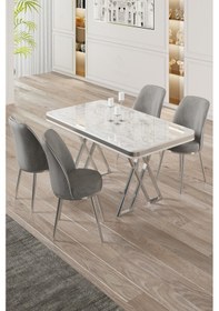 Resim Canisa Vals Serisi 80x130 Lak Panel Beyaz Mermer Desen Masa Takımı Krom Ayaklı 4 Gri Sandalye Masa Beyaz Mermer Desen Sandalye Gri 